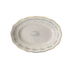 Vintage Korona Poland Floral Oval Serving Platter Gold Trim